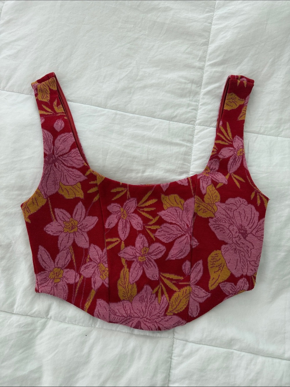 Zara Red Floral Scoop-Neck Crop Top with Pink & Gold Accents